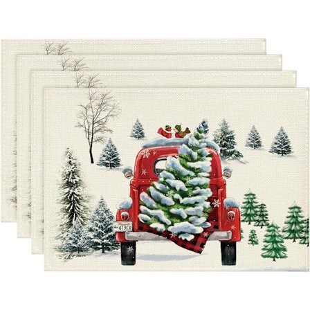 (B)Juleduge Sæt af 4, Snemand, Røde Fyrretræsbånd, Julepynt, Dug, Vaskbar til Køkken, Spisestue