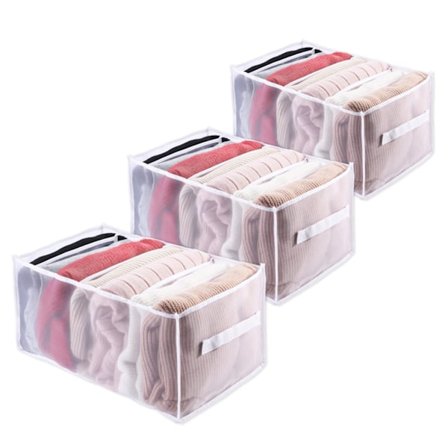 3 stk. Vaskbare Garderobeorganisatorer, 7 Rister Foldbare Synlige Tøjrum Opbevaringsboks Garderobe Skuffeorganisator Mesh Divider Box