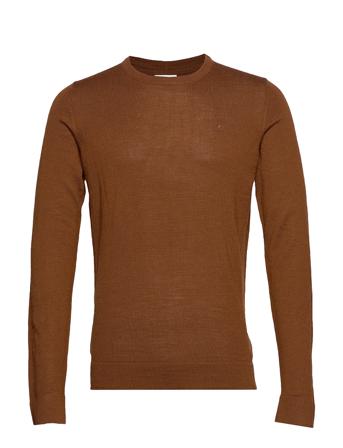 Merino Knit O-Neck Strikkegenser M. Rund Krage Brun Lindbergh