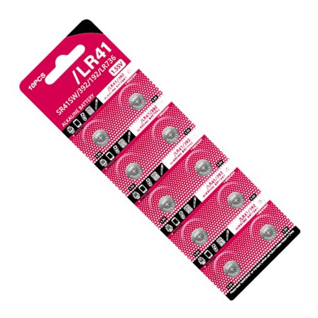 Pakkaus, jossa 10 kpl/arkki LR41 1,5 V nappiparistoja AG3 kelloihin ja laskimiin