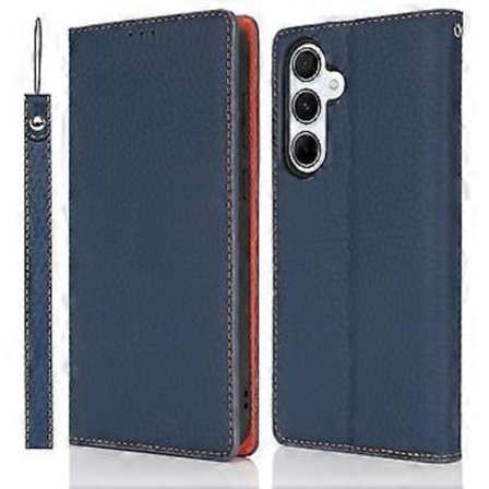 Til Samsung Galaxy S25 Etui Wallet Ægte Koskind Læder Telefon Cover Litchi Tekstur - Mørkeblå