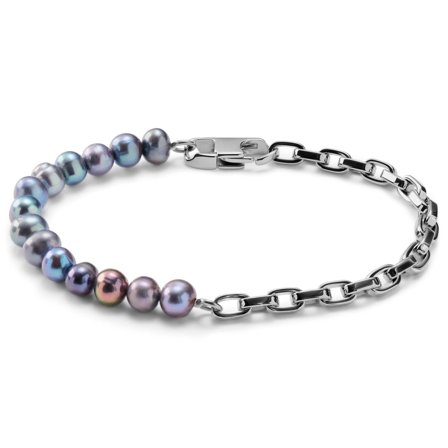 Ocata | Bracciale con catena ad ancora color argento e perle nere per uomini - Bracciali in acciaio