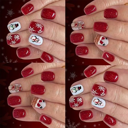 48 stk. Røde glitter falske negler snøfnuggdesign enkel påføring press på negler