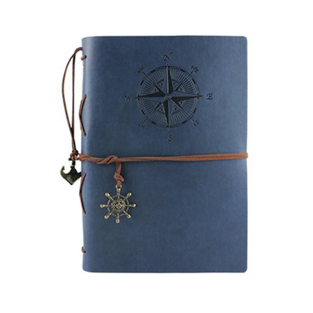Notatbok i skinn, med blanke sider og anheng, himmelblå
