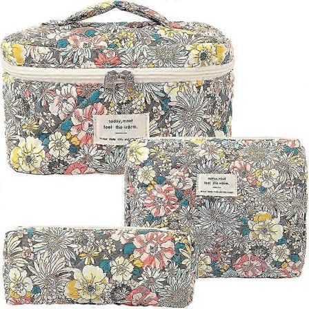 3 stk. Makeup Taske Bomuld Vatteret Rejse Kosmetiktaske Sød Blomstret Makeup Pung Stor Toilet Taske til Kvinder Piger (Sløjfe-Pink)