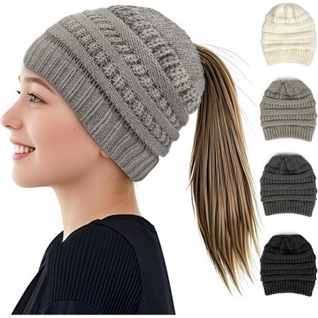 Strikket lue for kvinner, elastisk myk kabelstrikket lue med hull for kvinner, stilig termisk varm vinter hestehale strikket lue, slouchy