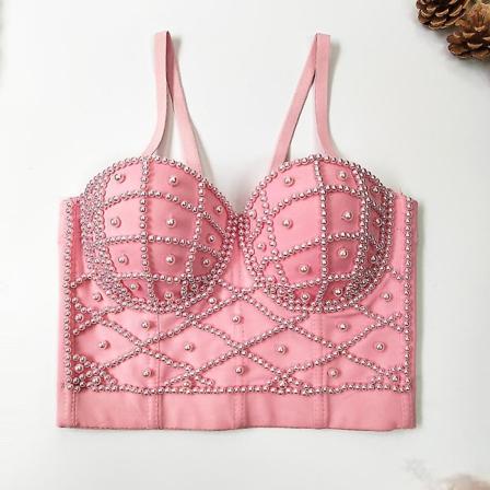 Utsökta pärlor Rhinestone Cropped Toppar Dam Bustier Vit Linne Rave Festival Club Party Topp Underkläder Camis pink 34B