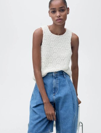 Mango Straight-Fit Crochet Top - White - XS