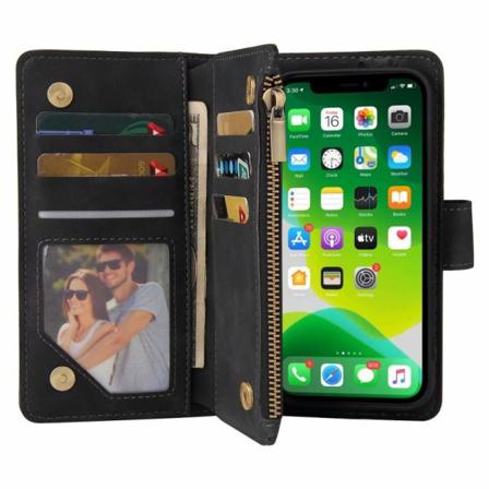 iPhone 15 multifunktionelt pung etui Lynlås 8-rum Svart