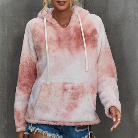 Kvinnor Dragstring Tie Dye Fuzzy Fleece Tröja Med Huva