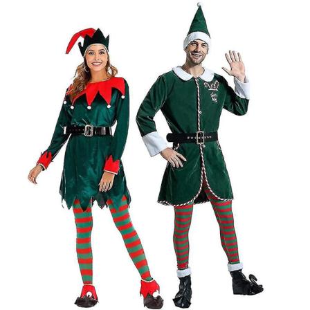Deluxe Santa Claus Helper Cosplay Dam Klänning Grön Jultomte Kostym För Vuxen Xmas Workshop Nyårskläder Herr Women S
