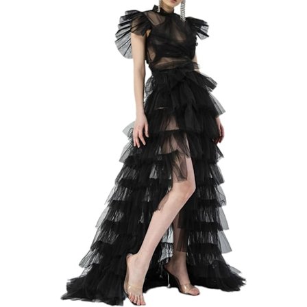 Kvinners lange høye lave rynke tyll skjørt