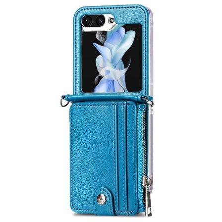 Samsung Galaxy Z Flip 5 - Plånboksfodral i Retrostil av PU-Läder med Korthållare och Halskedja