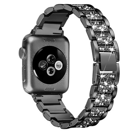 (Bling sort) Kompatibel med Apple Watch armbånd 42/44/45/49mm, Kvinder Glitrende Bling Krystal Rustfrit stål Lænke Armbånd Udskiftning