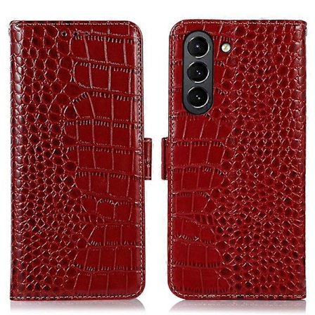 Kompatibel med Samsung Galaxy S21 FE 5G RFID Ægte Koskind Læder Wallet Telefon Cover, Krokodille Tekstur Foldbart Stativ