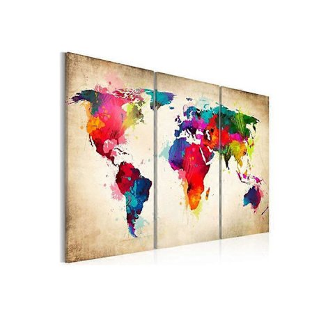 Världskarta Målning Tavla Vardagsrum Färg Kontinenter Karta 40 x 80 cm 3 Delar Väggdekoration, Yeuri