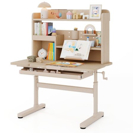 COSTWAY Studie Bureaus voor Kinderen met Boekenkast en Lade - Hoogte Verstelbaar - Boekensteun en Pennenhouder Natuurlijk