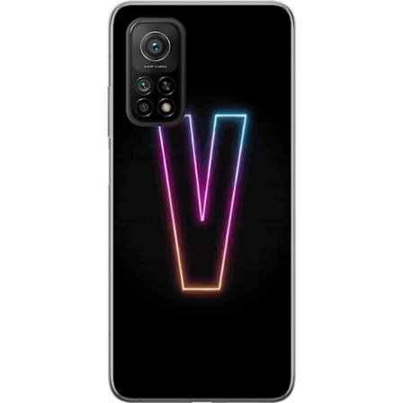 Yhteensopiva Puhelinkuori Xiaomi Xiaomi Mi 10T 5G Neonkirjain V värikoodattu valossa mustaa taustaa vasten, minimalistinen muotoilu selkeällä hehku