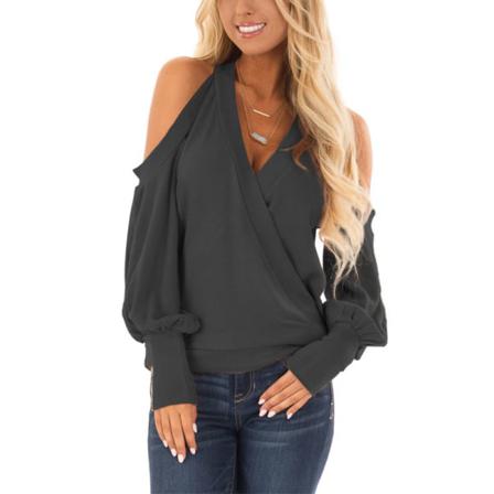 Kvinnor Lantern Ärmar Off Shoulder V Neck Tee Vanlig Tunika Blus