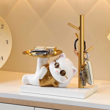 Eteisen avainsäilytyskoriste, sarjakuva, söpö eteisen avaimenpidinkoriste, jossa on tarjotin kotiin, makuuhuoneeseen, sivulla makaava kissa, 