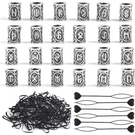24 stykker hårskægsperler, runeperler, flettede perler, skandinaviske vikingeperler, hurtig hårnål og sorte gummibånd til armbånd, halskæder,