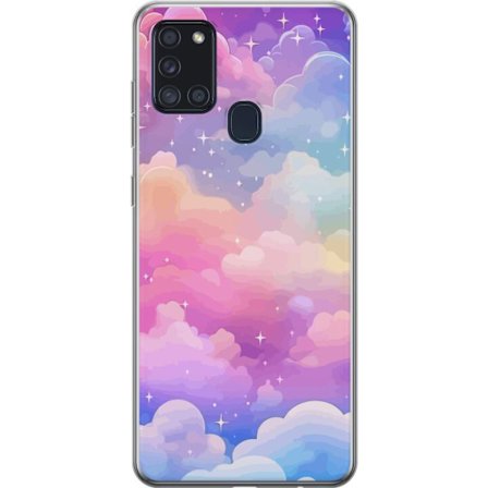 Kompatibelt Mobildeksel til Samsung Galaxy A21s Søt enhjørning med regnbuefarget hår mot en stjernebelagt pastellbakgrunn i kawaii-stil