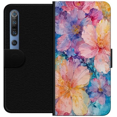 Kompatibelt Lommeboketui til Xiaomi Xiaomi Mi 10 Pro 5G Akvarellmaling med store blomster i rosa, blå og gule toner i en myk kunstnerisk stil.