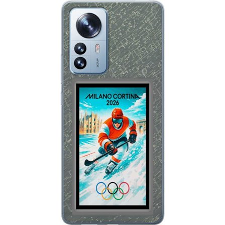 Yhteensopiva Puhelinkuori Xiaomi 12 Pro Curlingkuvitus pelaajilla ja kivillä jäällä, Milano Cortina 2026, lumisia roiskeita ja olympiasormukset