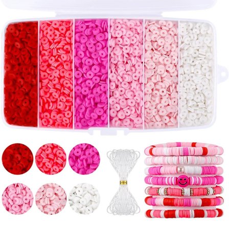 6000 stk. flate leireperler rosa, leireperler for armbåndlaging, Heishi-perler polymersett for smykkelaging (6 mm)