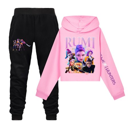KPOP Demon Hunter Girls Cropped Hættetrøje & Nederdel Sæt Pink[JSR]