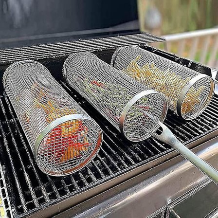 3 st grillkorg i rostfritt stål, rullande grillkorg, mesh grillkorg i rostfritt stål, trådnät, rund grilltillbehör