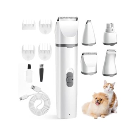 4-i-1 kjæledyrtrimmer for katt og hund, elektrisk slipekit, USB-lading, stillegående, med 4 allsidige knivhoder (grå)