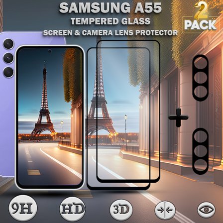2-Pack SAMSUNG A55 Näytönsuoja & 2-Pack linssinsuoja - Karkaistu Lasi 9H - Super laatu 3D