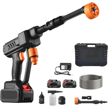Bærbar højtryksrenser, 100 Bar trådløs højtryksrenser, med 2 batterier, 48 V, multifunktionsdyse, 10 m slange