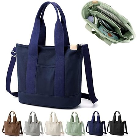 Multi-Pocket Tote Bag med dragkedja, Canvas Handgjord Handväska med fack, Multifunktionella Satchel-väskor för kvinnor, damer, universitet, skola, 