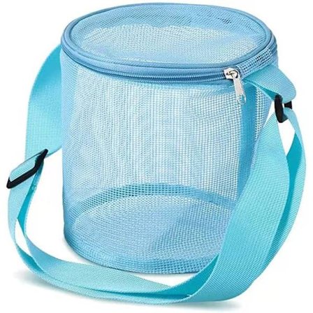 Børne Seashell Mesh Taske Strandlegetøj Cylinder Shell Taske Seashell Samlingspose med Lynlåse og Justerbar Rem til Børn Blå