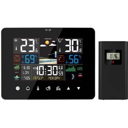 Sunrise og Sunset Vejrstation Multifunktionelt Vækkeur Termometer Hygrometer Touch Screen Betjening med Trådløs Udendørs Sensor, Sort