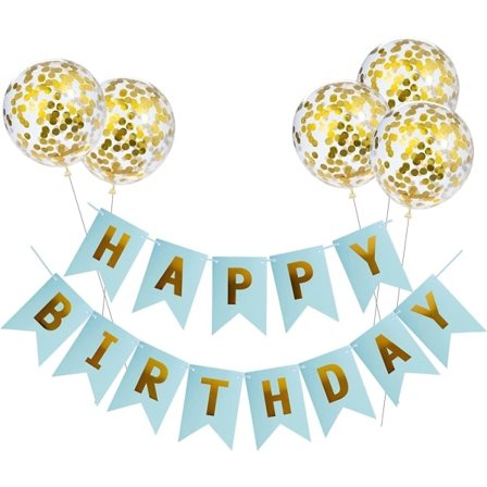 Grattis på födelsedagen Banner Födelsedagsvimplar med 5 Guld Konfetti Latexballonger Perfekt för Födelsedagsfestdekorationer (Blå)