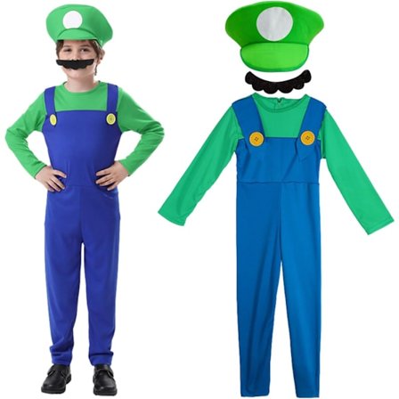 Luigi-dräktset, Luigi-dräkt, Bros, Maskeraddräkt, Kvinnor, Män, Outfit för jul, karneval, maskerad