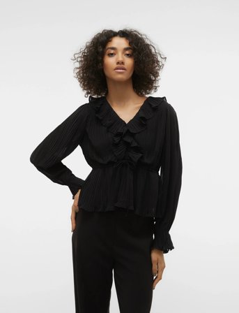 Vero Moda Vmdora L/S Frill Pleat Top Wvn Exp - Black - L