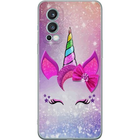 Kompatibelt Mobilskal till OnePlus OnePlus Nord 2 5G Minimalistiskt enhörningsansikte med regnbågshorn, rosa bakgrund, glitterdetaljer och stilren d