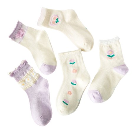 5 paria vauvan tyttösukkia, hengittävät verkkosukat kampapuuvillaa, vauvan nilkkasukat, violetti kukkakuvio, koko M, 4–6 vuotta