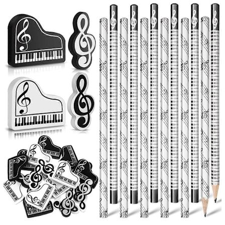 Musiikkikynät, nuottikynät musiikki-aiheisilla pyyhekumeilla, puiset kynät, irtokynät, hauskat kosketinsoitinkynät, pyyhekumit lahjaksi (24 kpl)