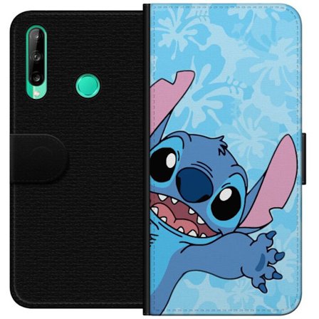 Kompatibelt Lommeboketui til Huawei P40 lite E Leken illustrasjon av Stitch som strekker seg mot kameraet på lyseblå blomstret bakgrunn