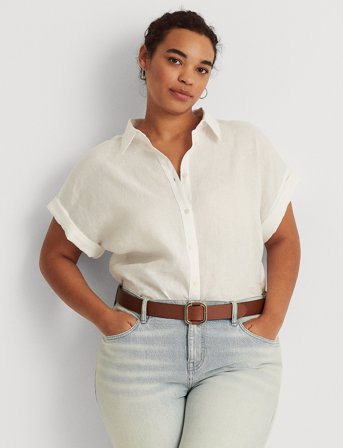 Lauren Women Relaxed Fit Linen Short-Sleeve Shirt - White - 46-48
