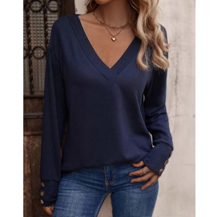 Dam Blus Långärmad V-ringad Enfärgad Manschett Knapp Dekor Dam Skjorta för Höst Vinter Blå M
