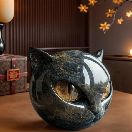 Luksuriøs sort kat sten skulptur, udsmykket sort kat skulptur, sort obsidian killing statue.