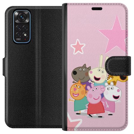 Kompatibelt Lommeboketui til Xiaomi Redmi Note 11 Peppa Gris og venner samlet med stjerner på rosa bakgrunn, fargerik barneillustrasjon