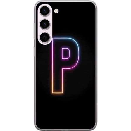 Kompatibel Mobilcover til Samsung Samsung Galaxy S23+ Minimalistisk neonbogstav P i farvegradient og lyseffekt mod sort baggrund i digital neonstil