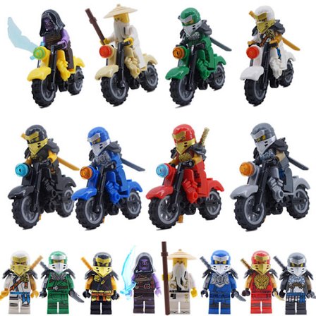 Et sæt med 8 Ninja motorcykel-serie minifigurer byggeklodser, der er velegnede til børn til at samle legetøjsbyggeklodser
